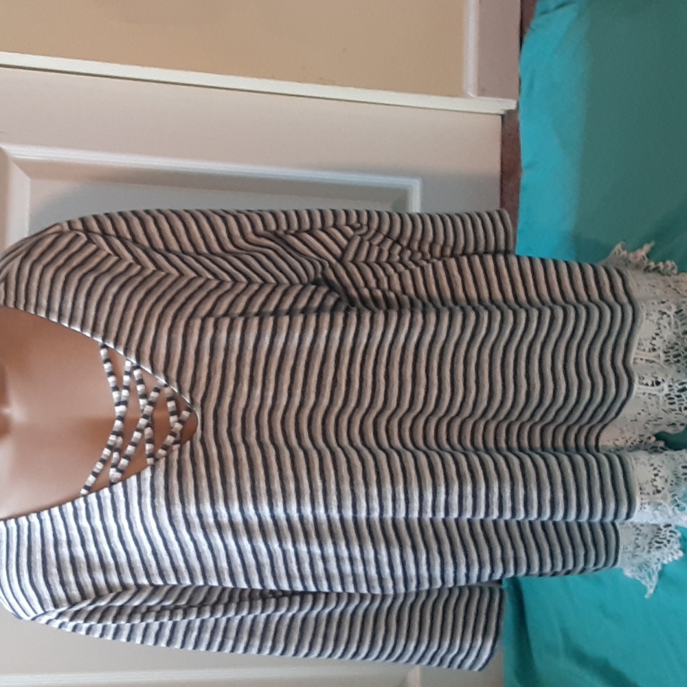 $8 BUNDLE SALE   DOWNING STUDIO GRAY & WHITE STRIPED,  TRIMMED IN WHITE LACE,